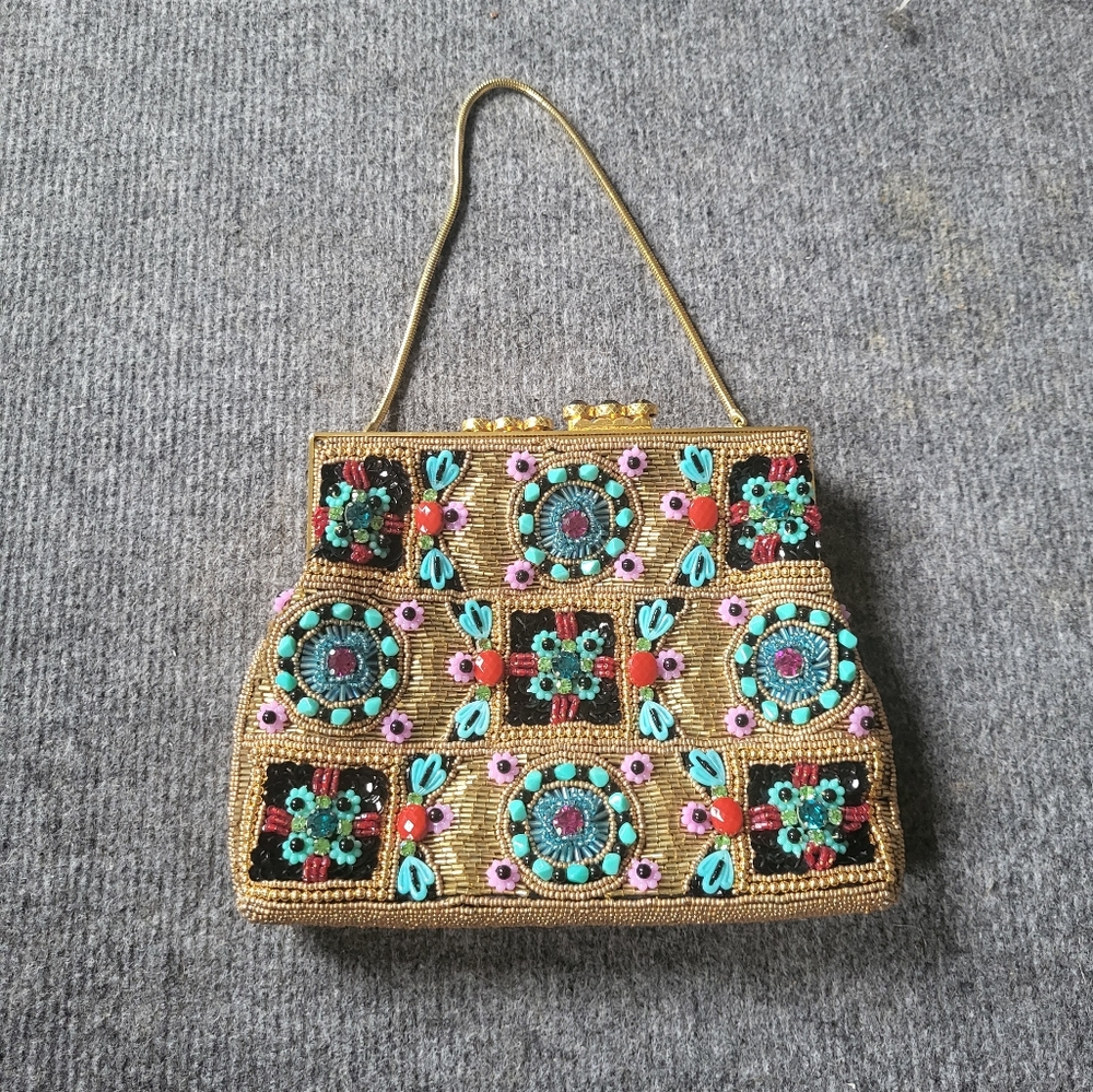 Vintagr Patchwork Beaded Gold and Multicolor Handbag. 1960's